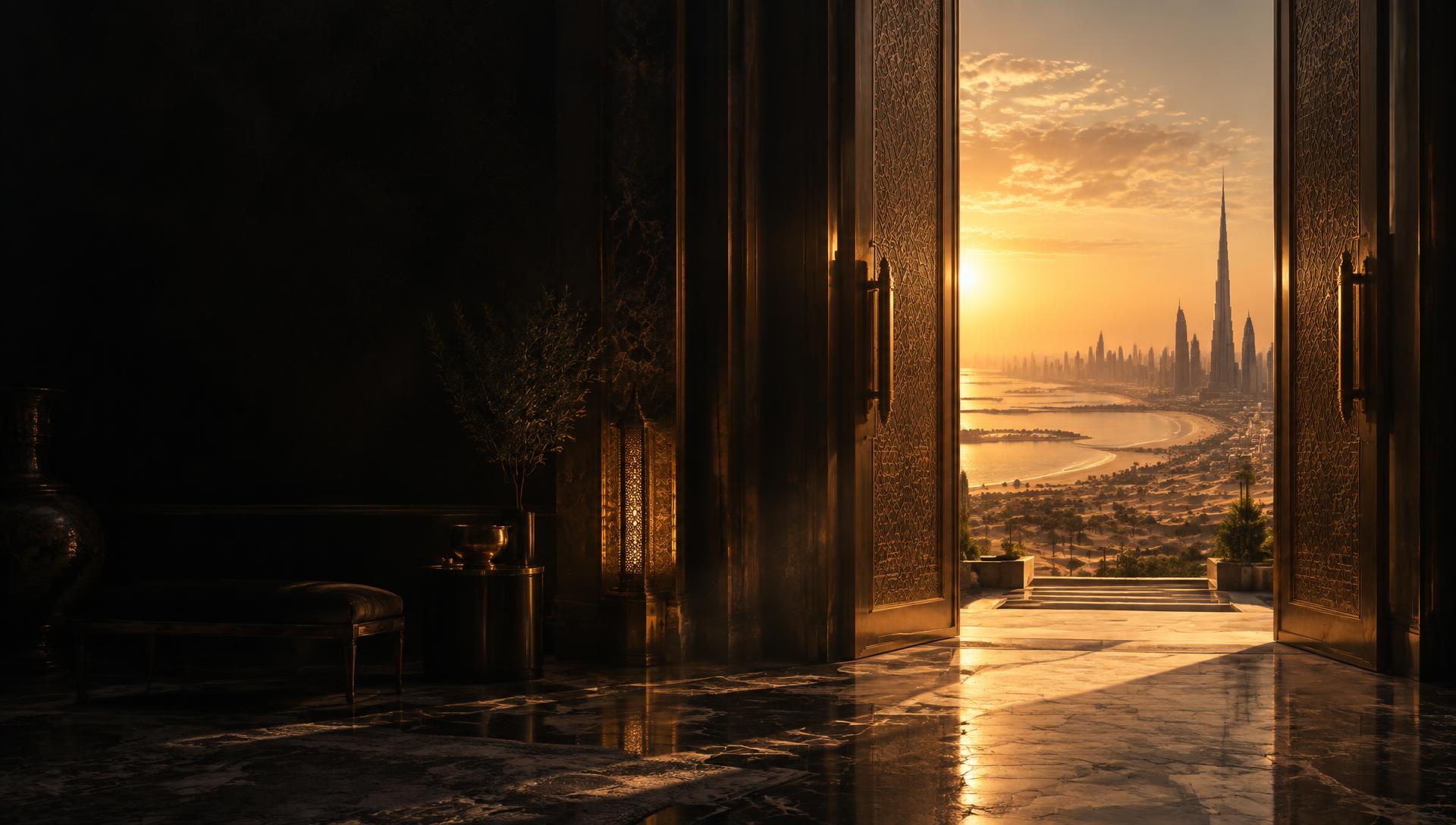 Ornate doors opening onto a golden panorama of Dubai and the sea
